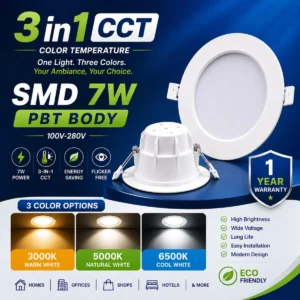 SMD 7W 3-in-1 CCT LED Downlight – PBT Body