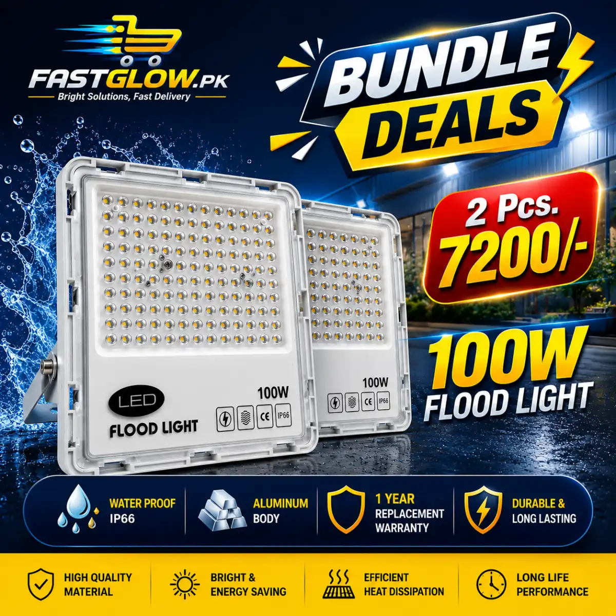 FastGlow LED Flood Light – 100W – 2 Pcs Bundle Deal